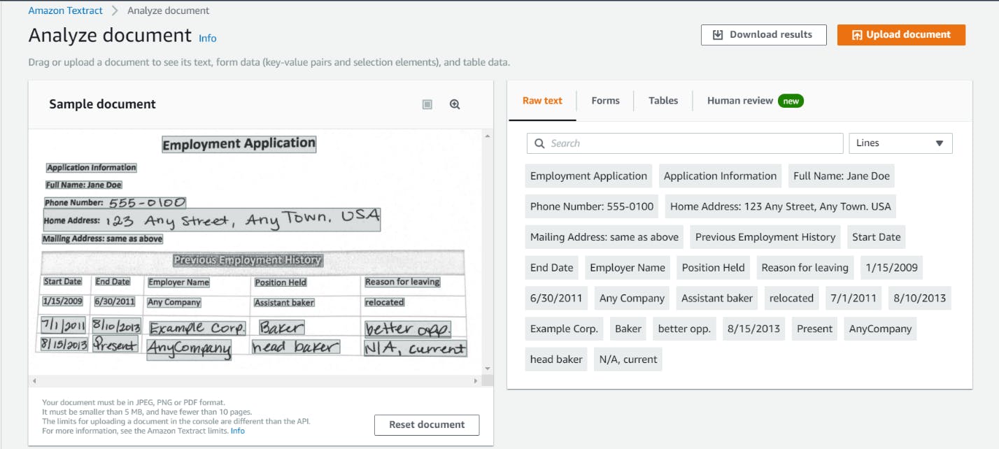 Image displays the AWS Textract console example