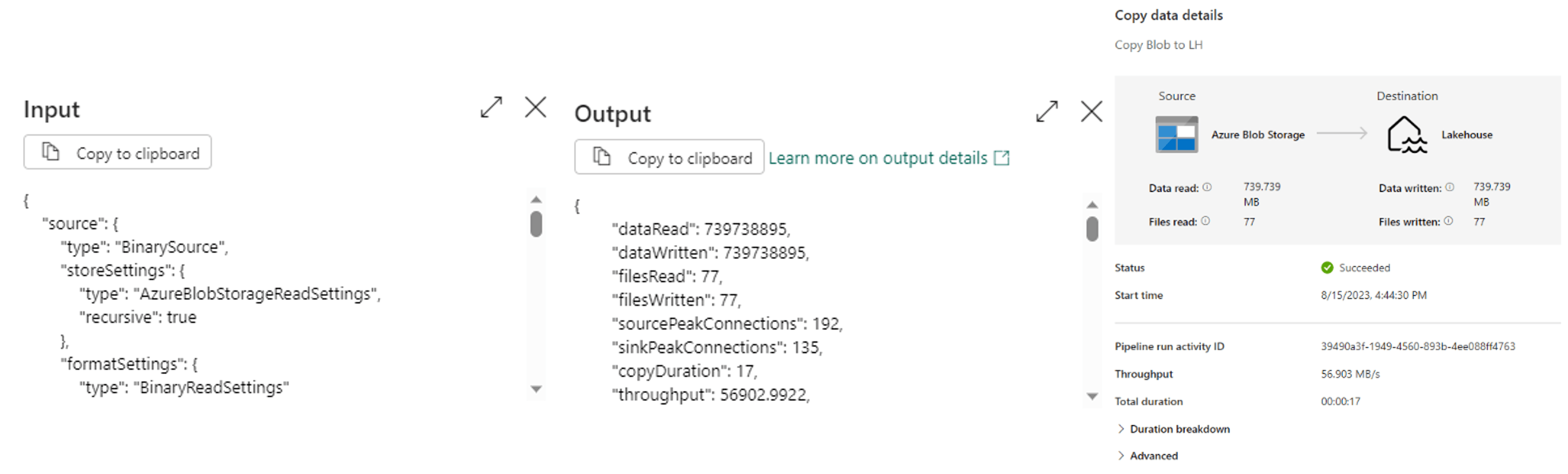 Input, output status and copy data details for your Microsoft Fabric data pipeline