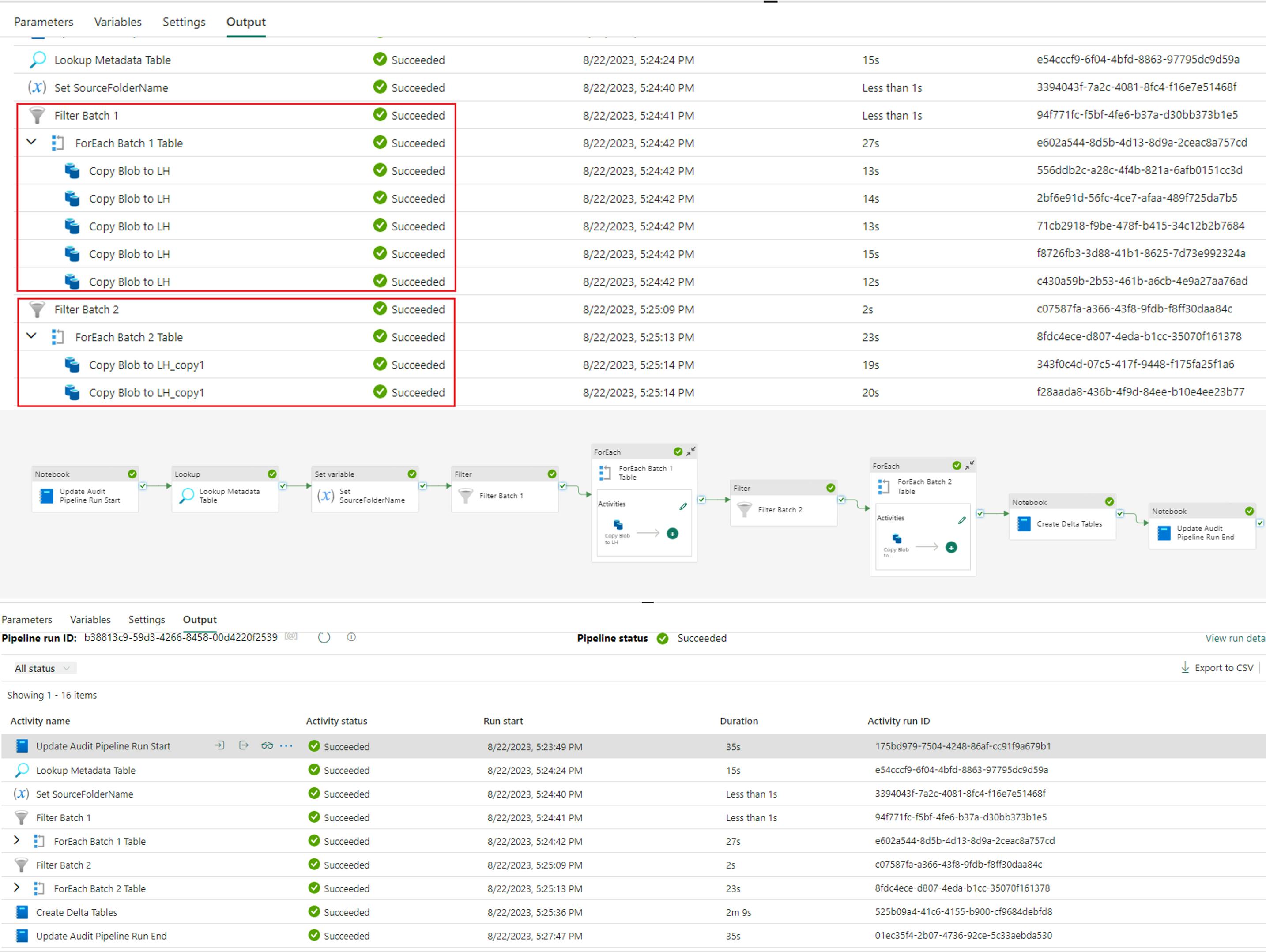 View metadata passing through for batch 1 and batch 2 tables and finalizing filter and batch data for data pipelines