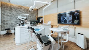 Dentist office with modern equipment and microscope