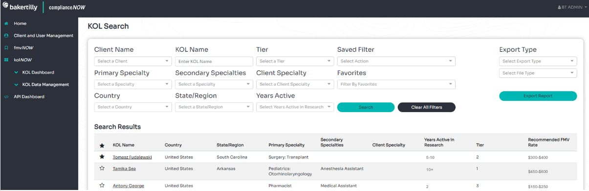 kolNOW search function for KOL tiering