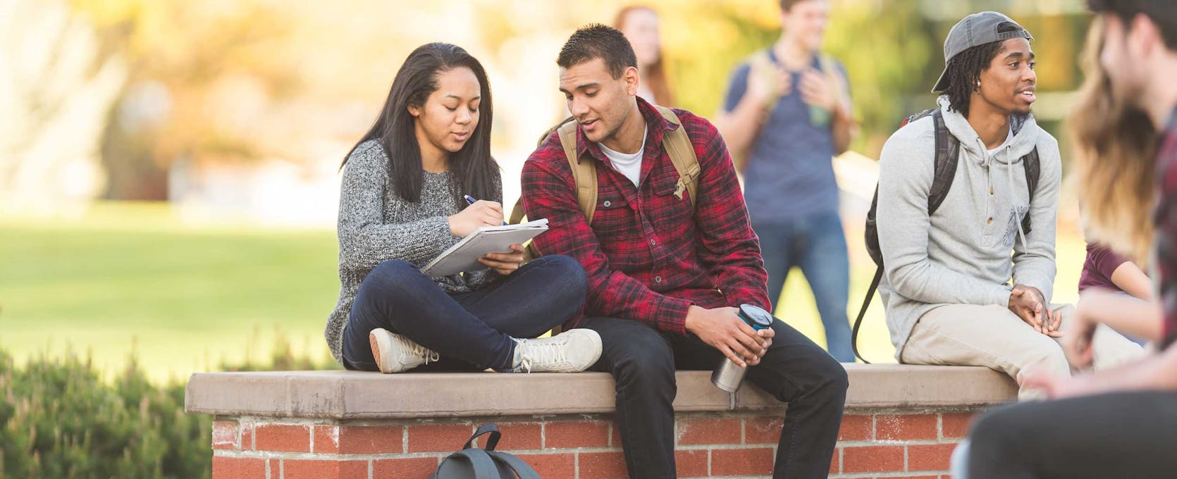 Students review schedules on campus