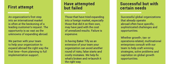 Graphic of how Baker Tilly helps different businesses meet their international growth needs