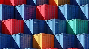 Multicolored, stacked shipping containers