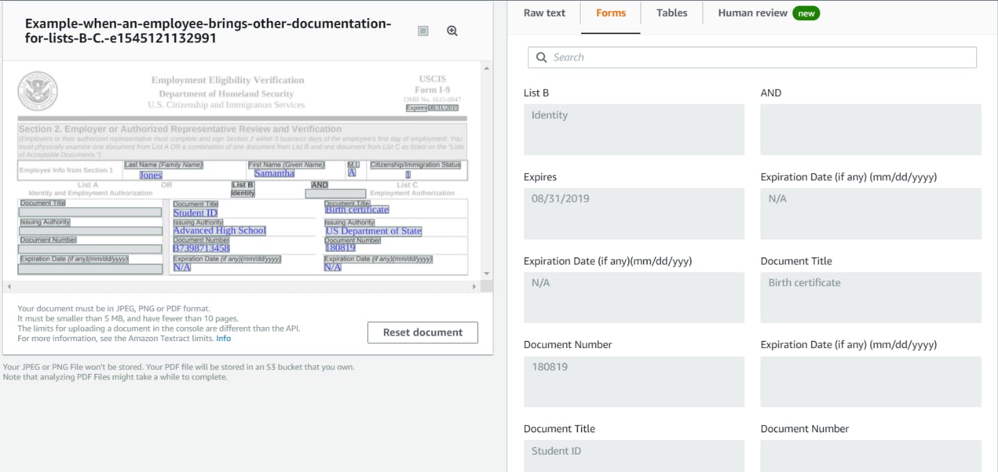 image displays a document with a form embedded within it and how Textract parses out the form for the user in an intuitive manner.