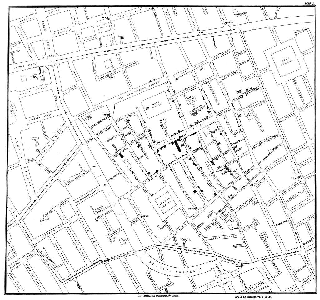 Map of cholera cases in the 1854 London epidemic