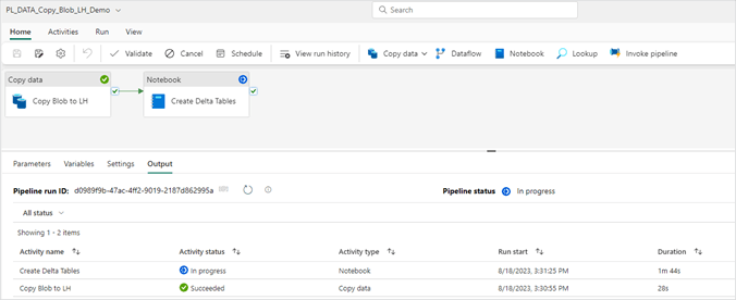 Microsoft Fabric nested data pipelines listed in output window