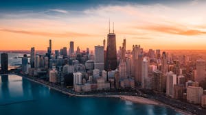 Aerial Dramatic View of Downtown Chicago at Sunset
