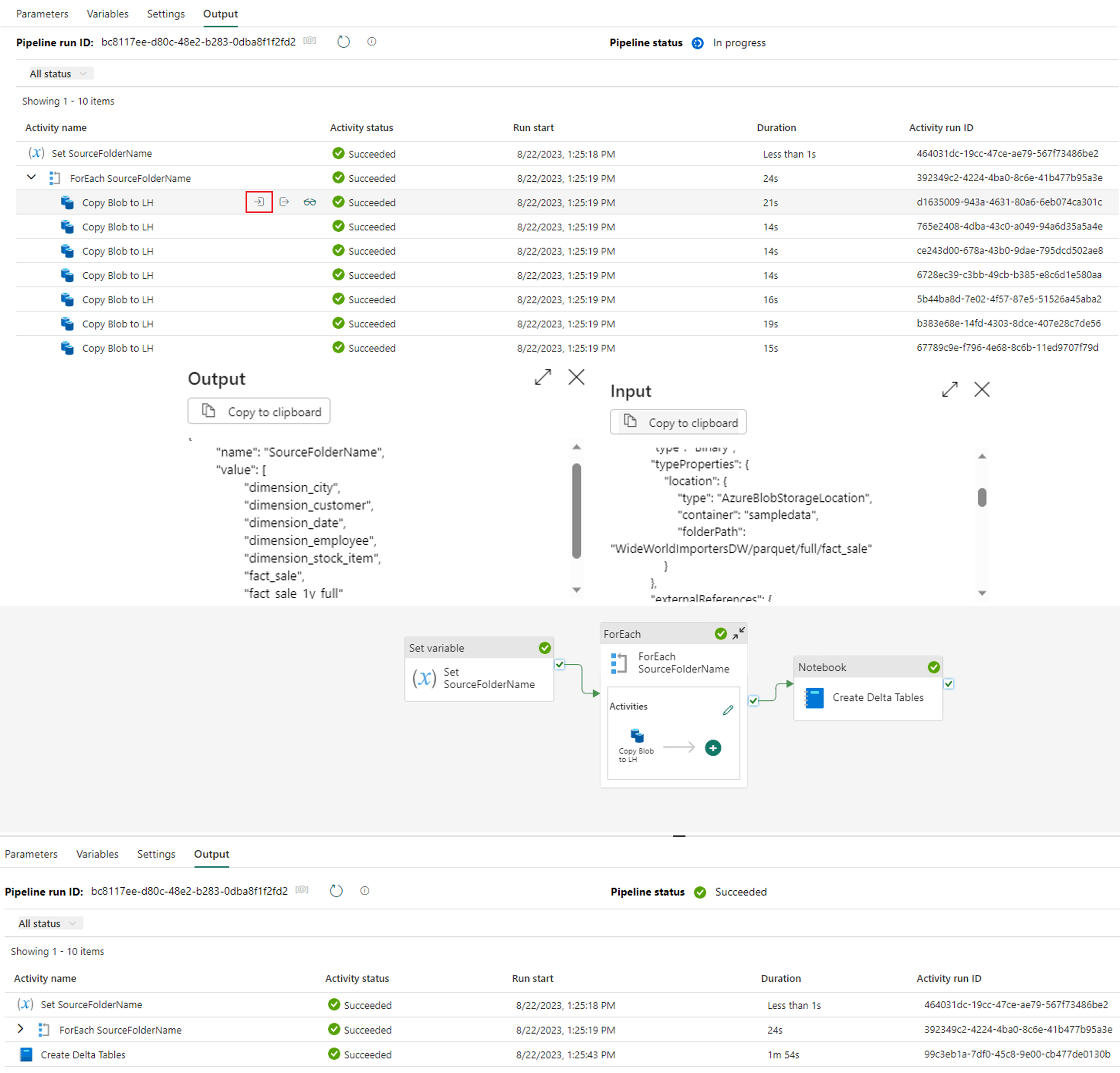 Check output settings to confirm variable was executed as its own copy activity, output and input settings for your “ForEach” activity. “ForEach” activity connected to data pipeline