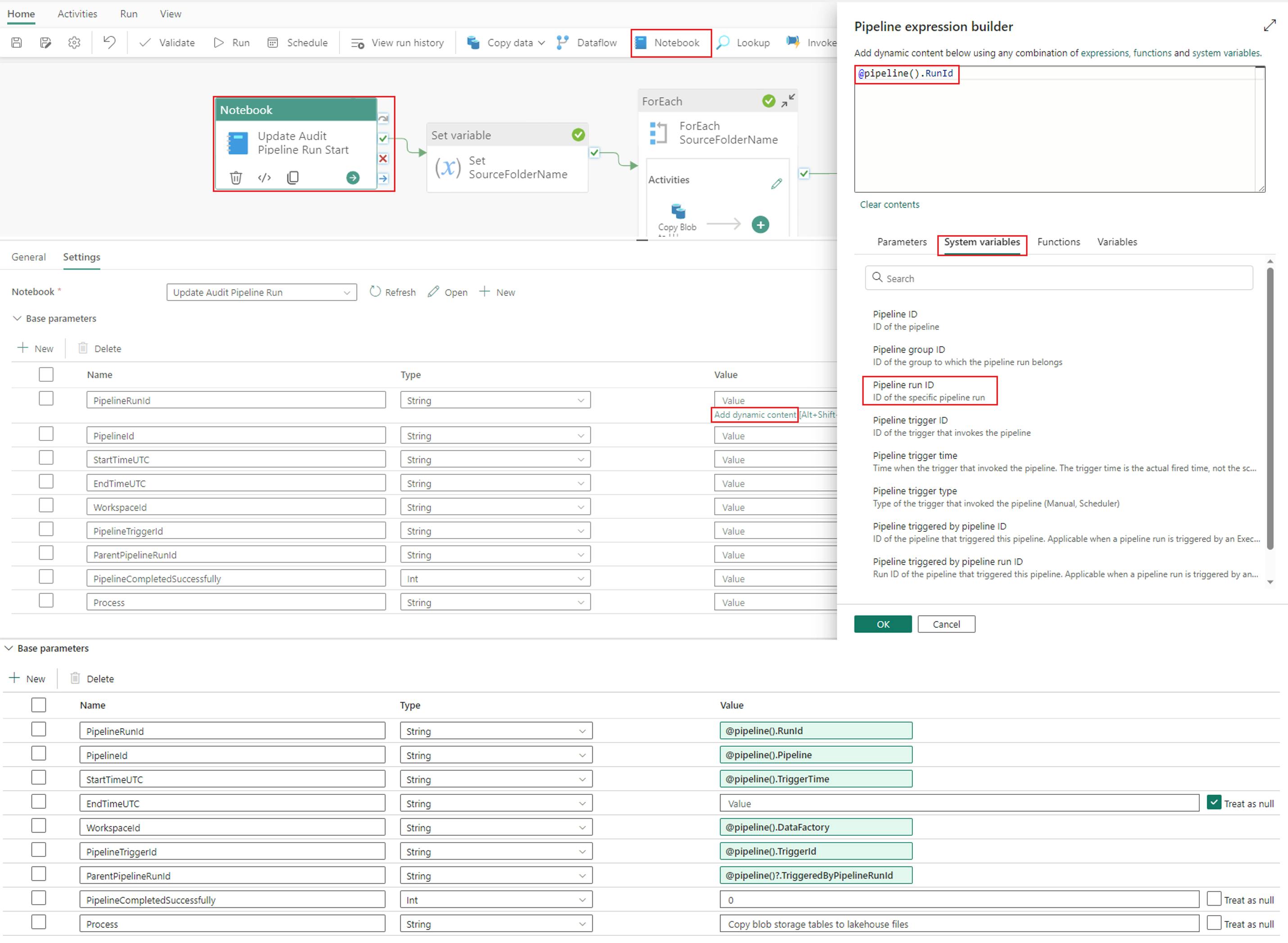 Adding a Notebook activity to your Microsoft fabric data pipeline and defining base parameter values in the expression builder of notebook activity