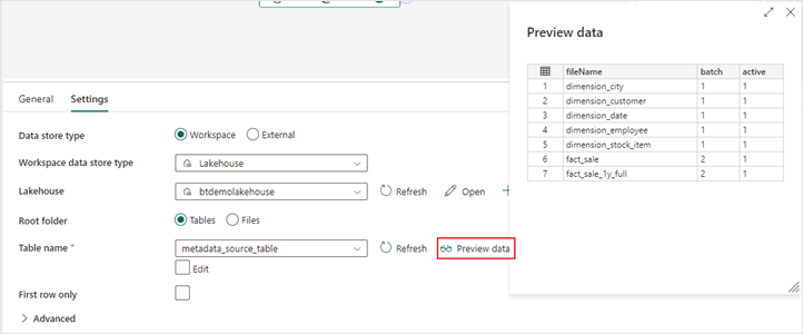 Configure properties in the Settings menu of the lookup activity