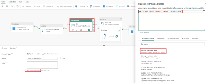 Changing the variable definition to use the returned value from your metadata table in your lookup activity