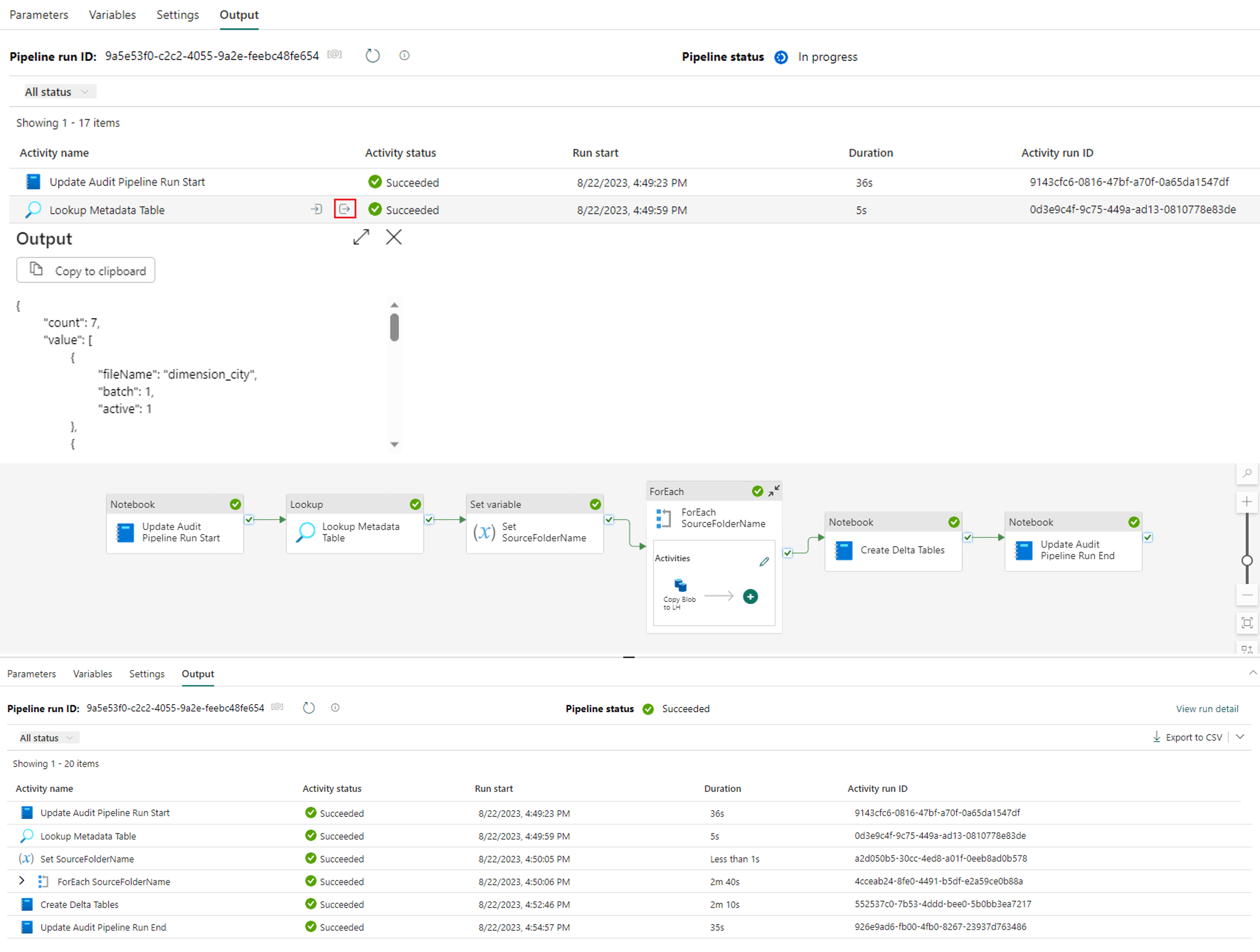 save and run your pipeline to test results, output settings for metadata framework. With a metadata framework, three columns of data are now stored in the array variable 