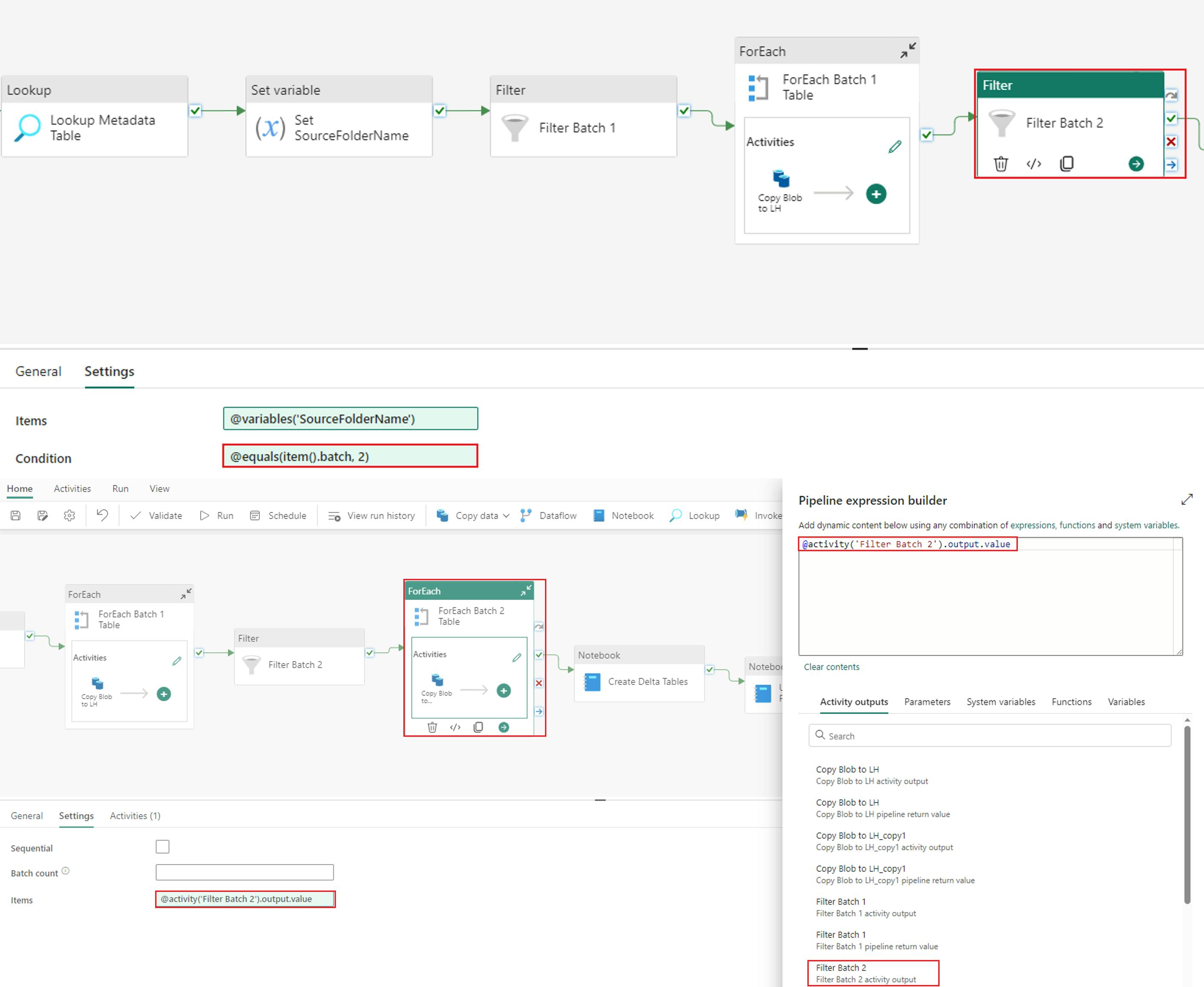 Accessing Filter and ForEach activities setting to filter for batch 2 tables in your Microsoft data pipeline. Updating your second set of Filter and ForEach activities to filter for batch 2 tables 