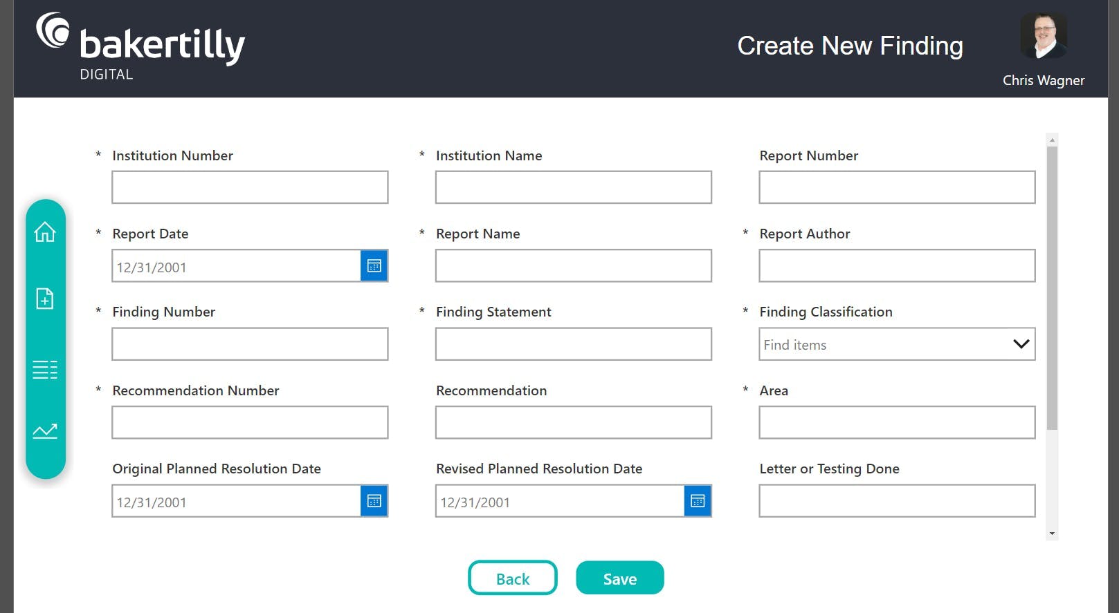 Entering a new audit finding in user interface created by Microsoft Power Apps