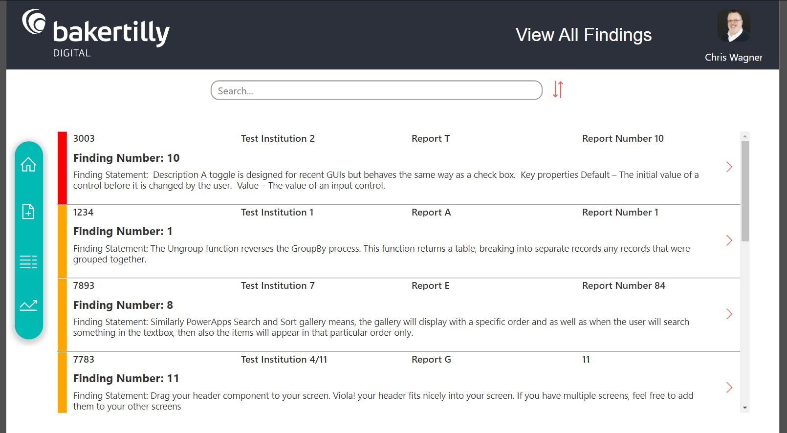 Viewing all audit findings in user interface created by Microsoft Power Apps