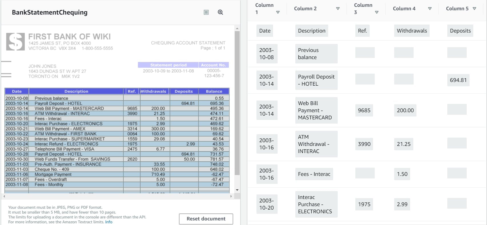 Image displays a sample bank statement being uploaded into AWS Textract and the output the user receives