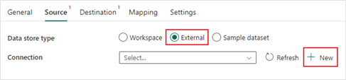 Creating a new Microsoft Fabric data pipeline connection 