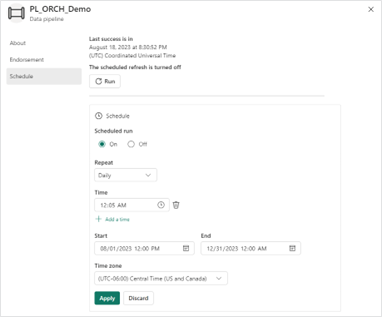 Configuring schedule settings for pipeline in Microsoft Fabric