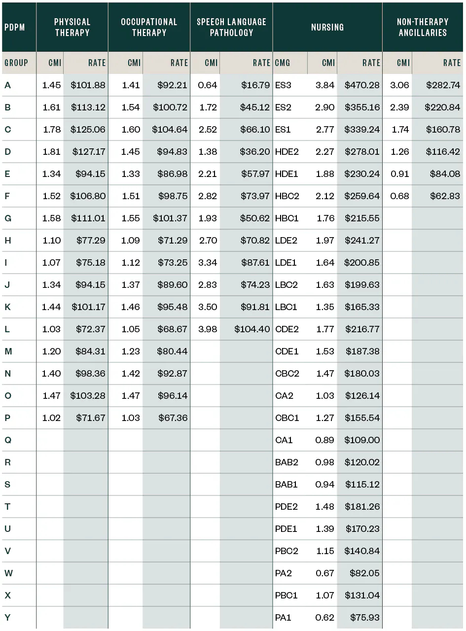 Payments for physical therapy, occupational therapy, speech language pathology, nursing, and non-therapy ancillaries, divided by groups A through Y.