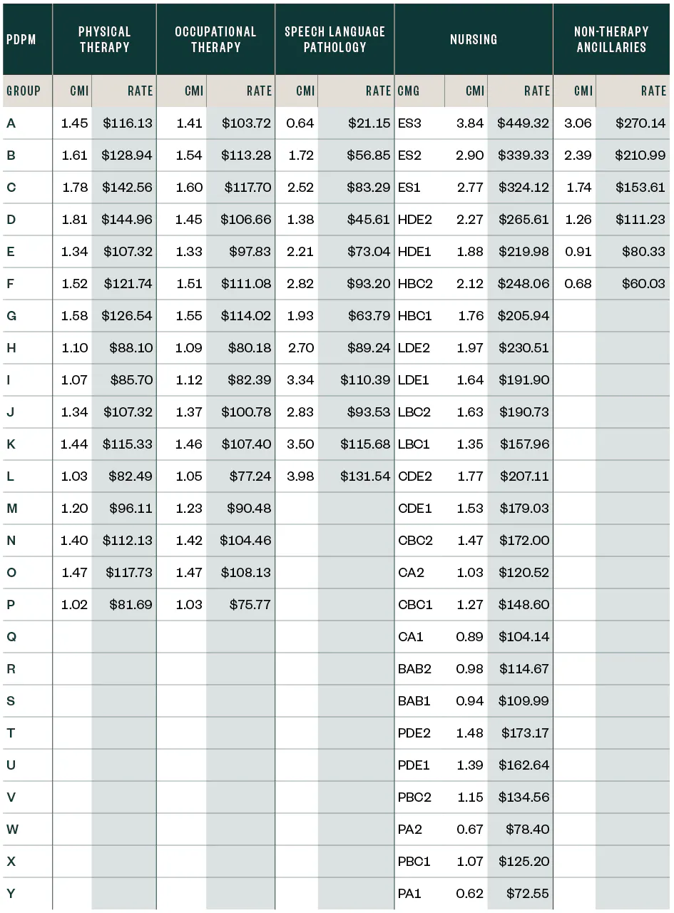 Payments for physical therapy, occupational therapy, speech language pathology, nursing, and non-therapy ancillaries, divided by groups A through Y.