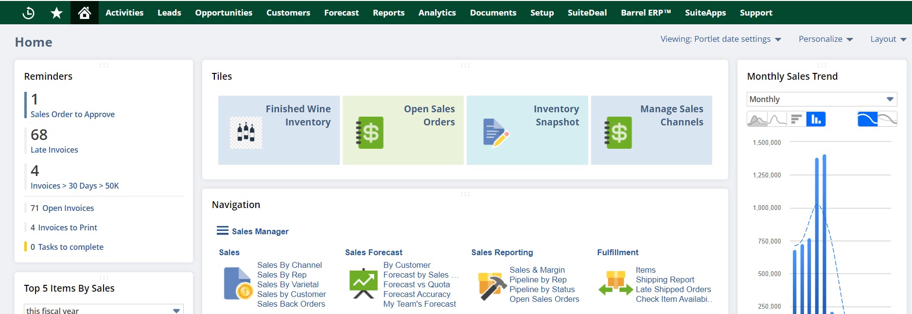 Homepage of the Barrel ERP Dashboard