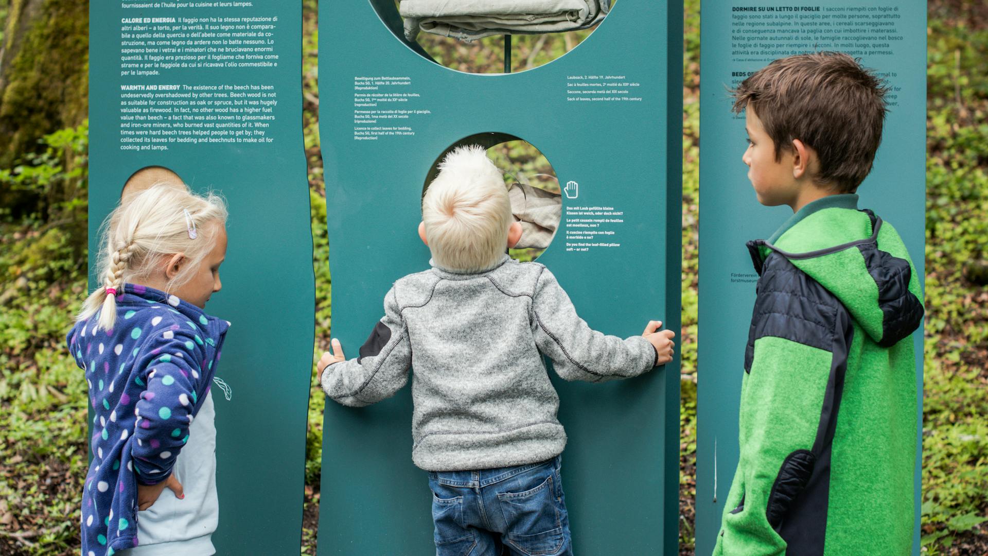 Kinder entdecken die verschiedenen Stationen des Waldlehrpfades im Freilichtmuseum Ballenberg.