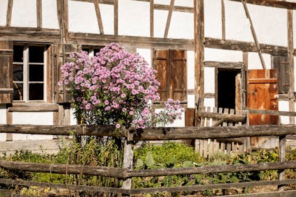 Fachwerkbau mit Garten im Freilichtmuseum Ballenberg.