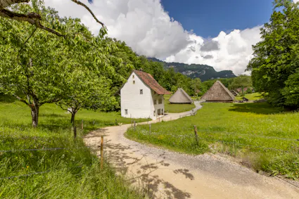 Sicht auf die Geländekammer Zentrales Mittelland, vorbei am Haus aus Villnachern zu den imposanten Strohdächern der Gebäude aus Leutwil und Oberentfelden.