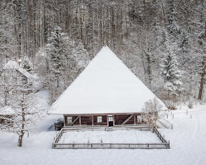 Das Bauernhaus aus Madiswil BE (321) im Winter im Freilichtmuseum Ballenberg.