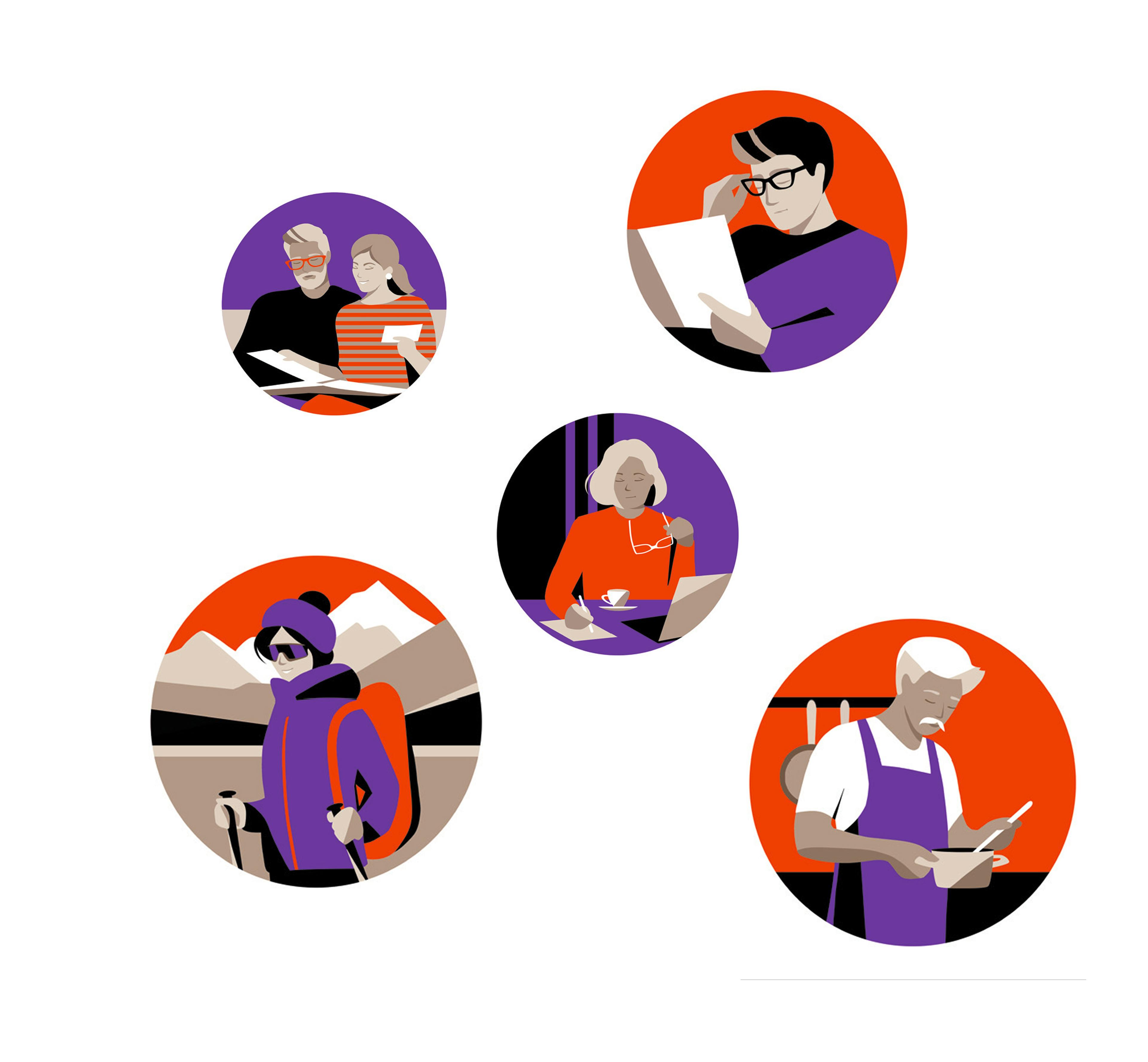 Illustrationen verschiedener Menschen bei diversen Aktivitäten in lila. rot und beige.