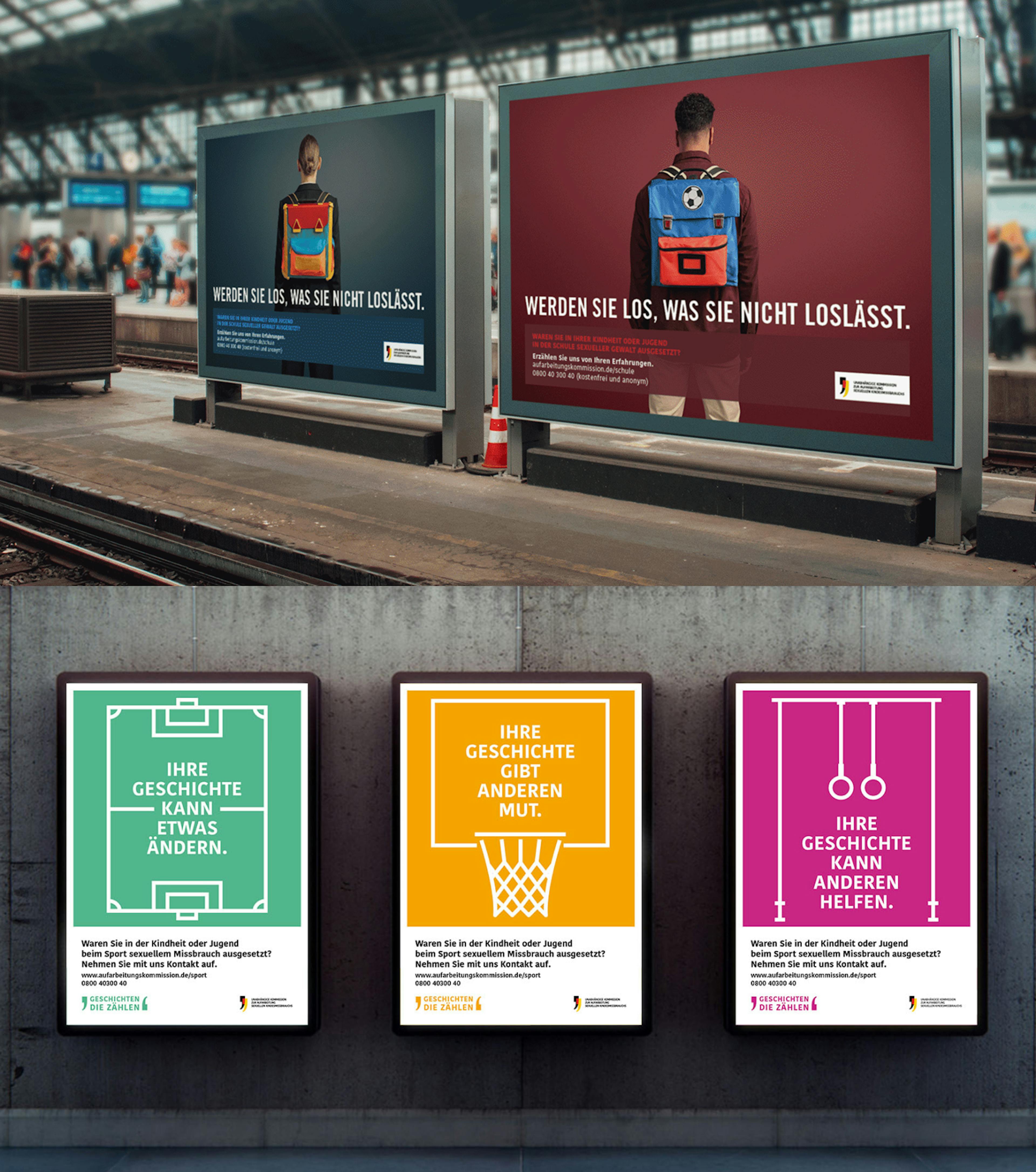 Diverse Plakate, darunter welche mit Zeichnungen von Sportplätzen und Schriftzügen wie "Ihre Geschichte kann etwas verändern"