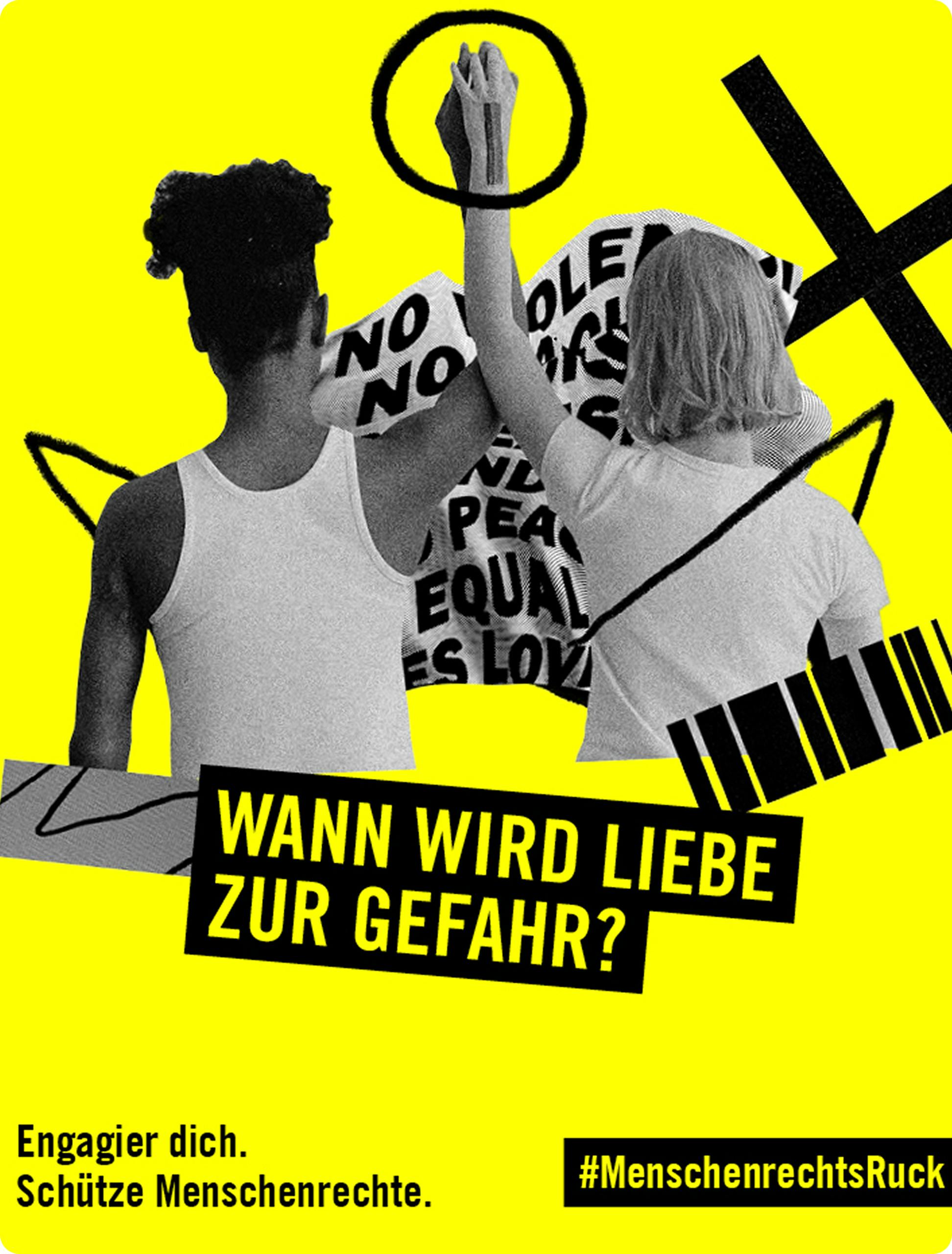 Zwei Personen von hinten, die ihre verschränkten Hände hochhalten. Darunter der Schriftzug "Wann wird Liebe zur Gefahr?"
