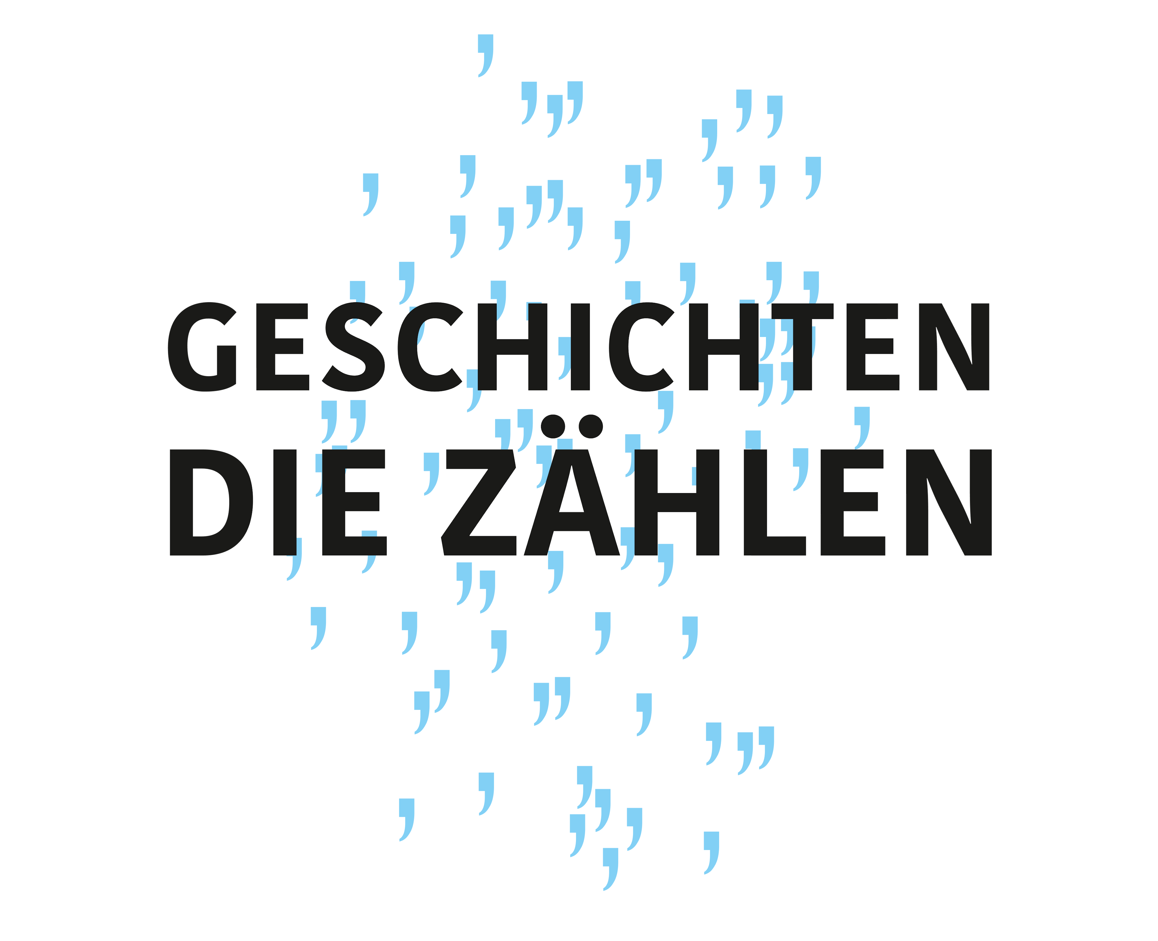 Illustration von Deutschland mit Anführungszeichen darin, darauf Schriftzug "Geschichten, die zählen" in großen Anführungszeichen