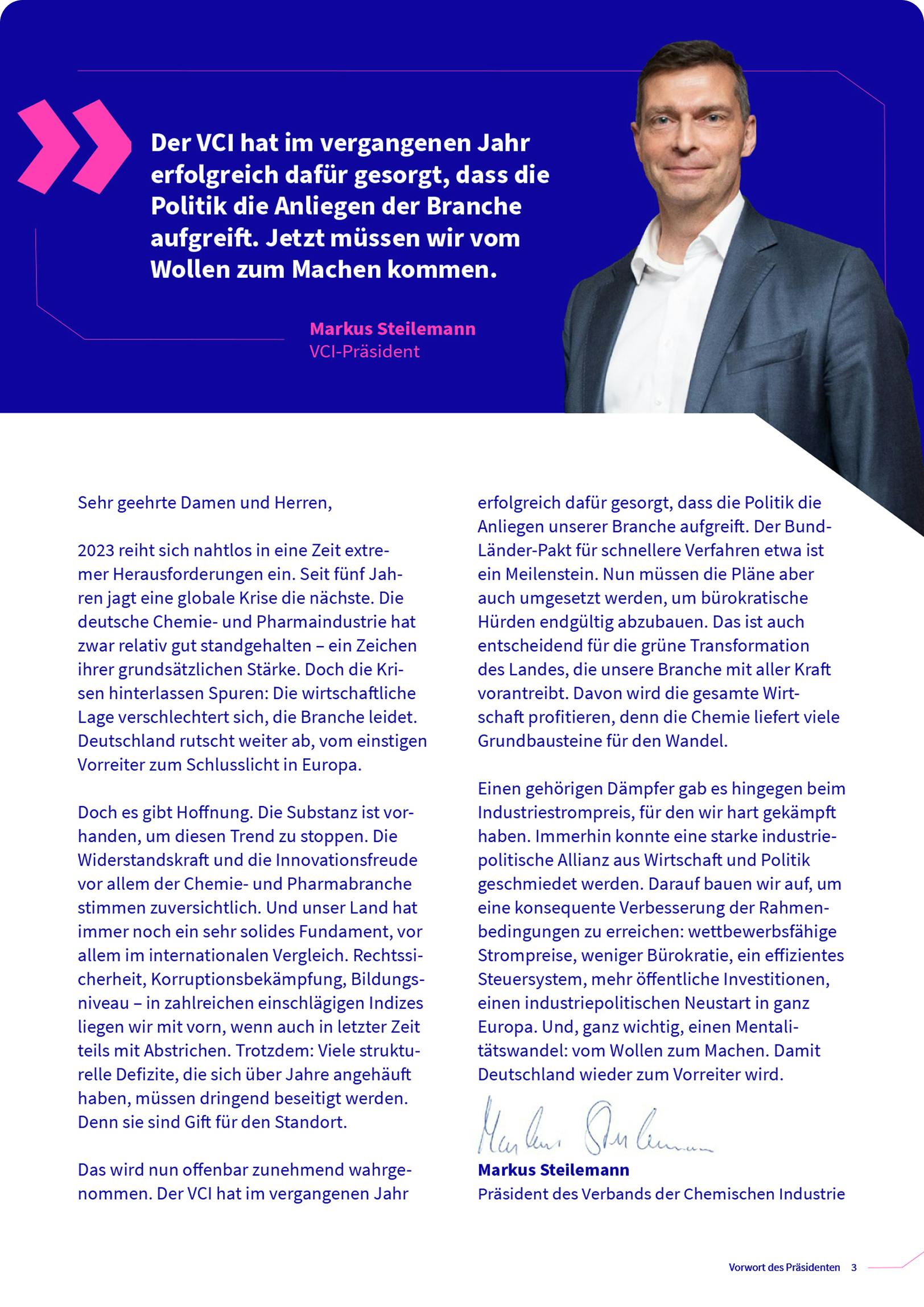 Auszug aus dem Jahresbericht mit Vorwort von VCI-Präsident Markus Steilemann.