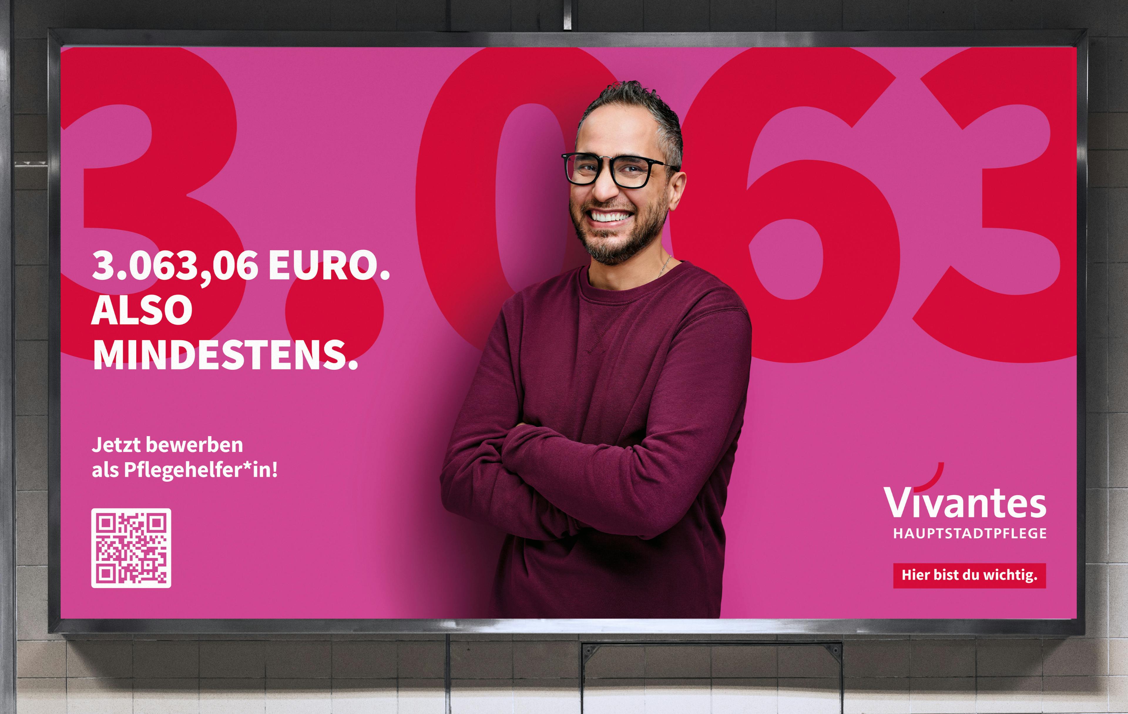Schriftzug "3.063,06 Euro. Also mindestens". Daneben ein lachender Mann und das Vivantes-Logo.