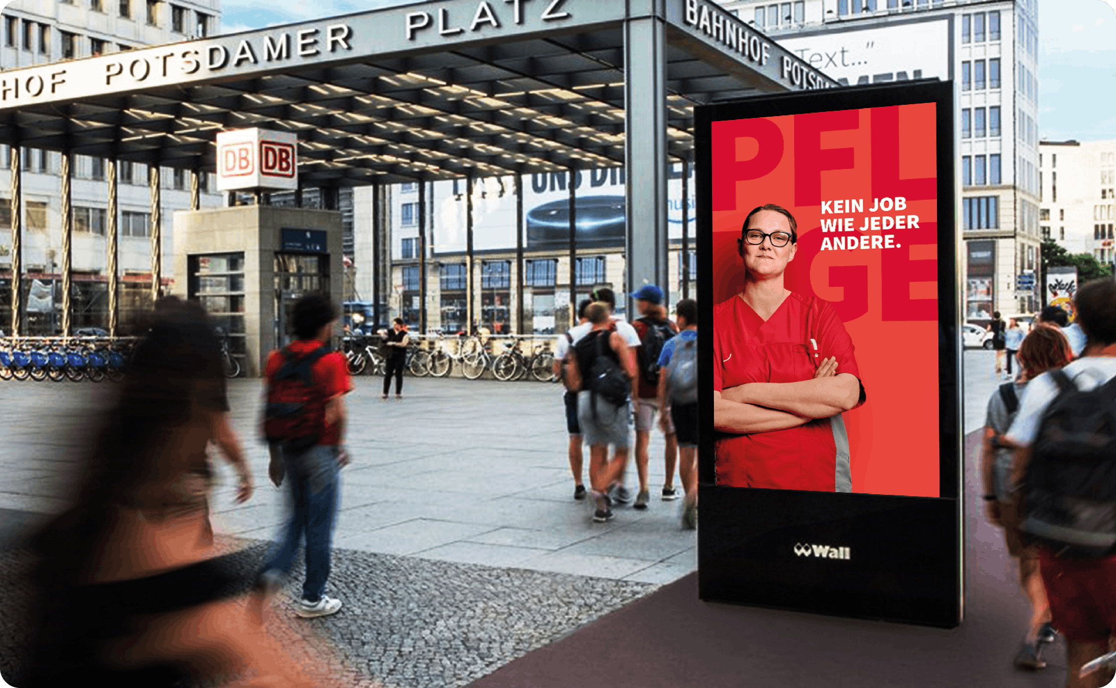 Ein Plakat mit dem Schriftzug "Kein Job wie jeder andere." Daneben eine lächelnde Frau.
