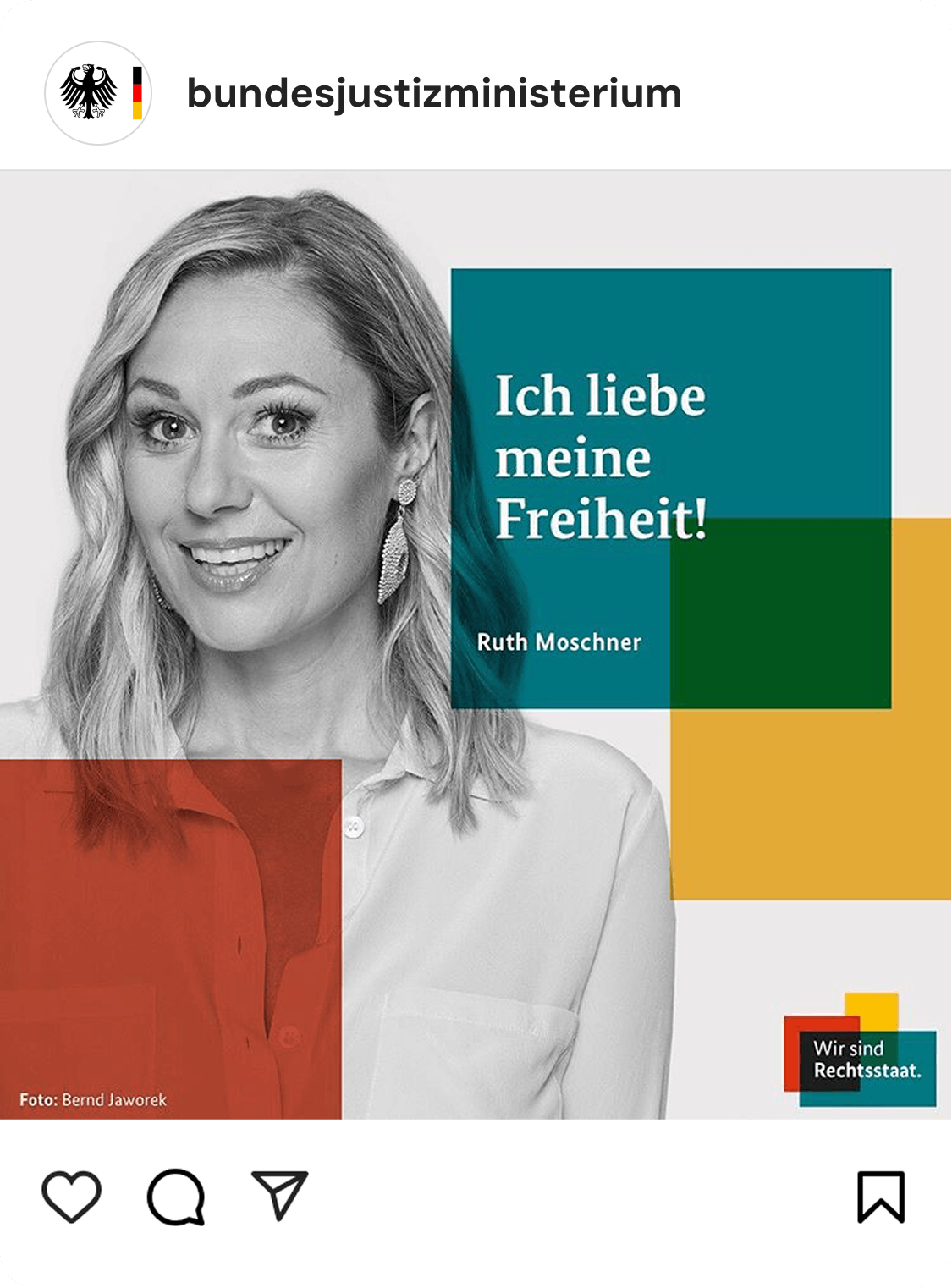 Instagram-Post mit Porträt von Ruth Moschner. Schriftzug "Ich liebe meine Freiheit".