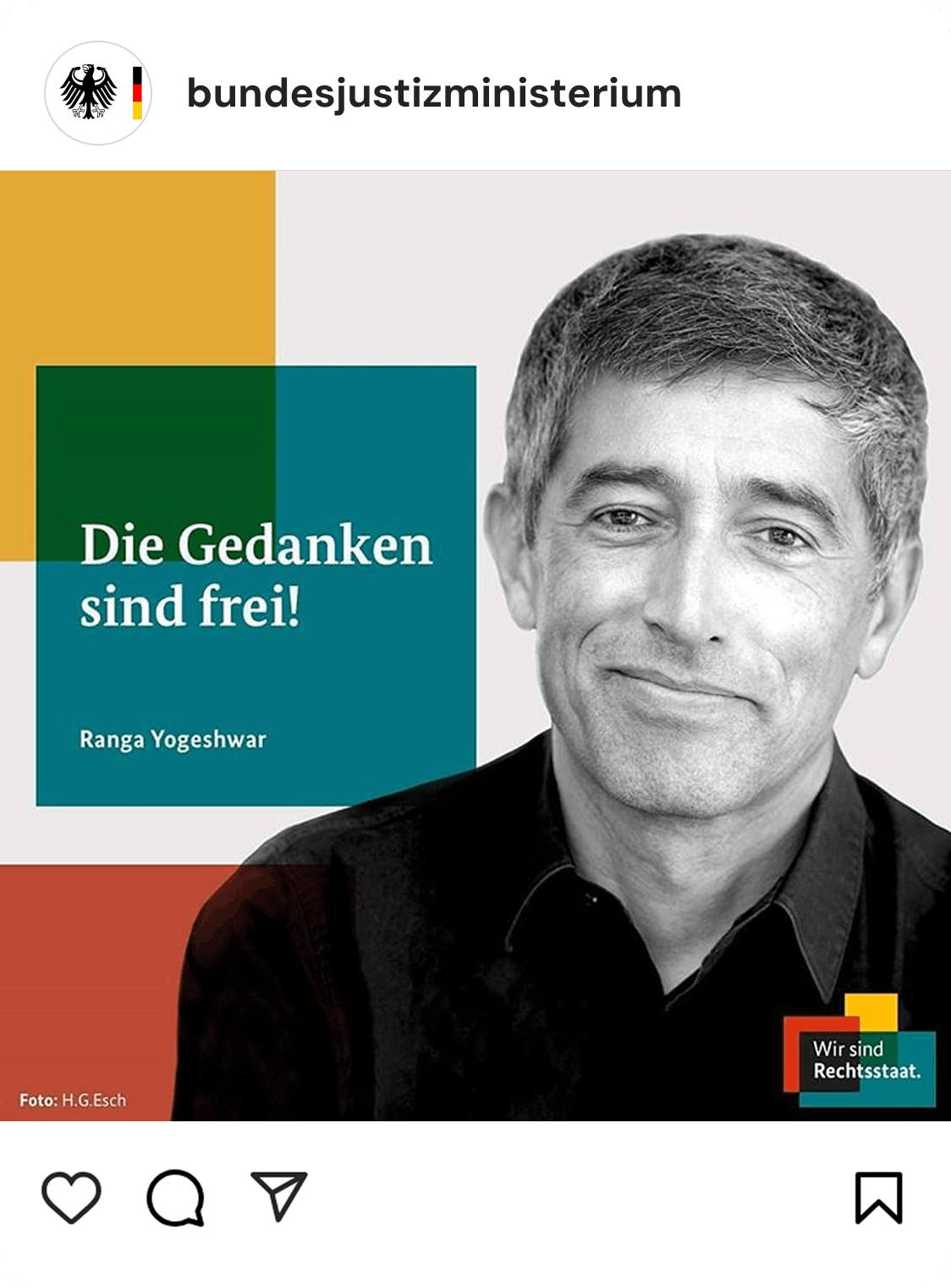 Instagram-Post mit Porträt von Ranga Yogeshwar. Schriftzug "Die Gedanken sind frei".