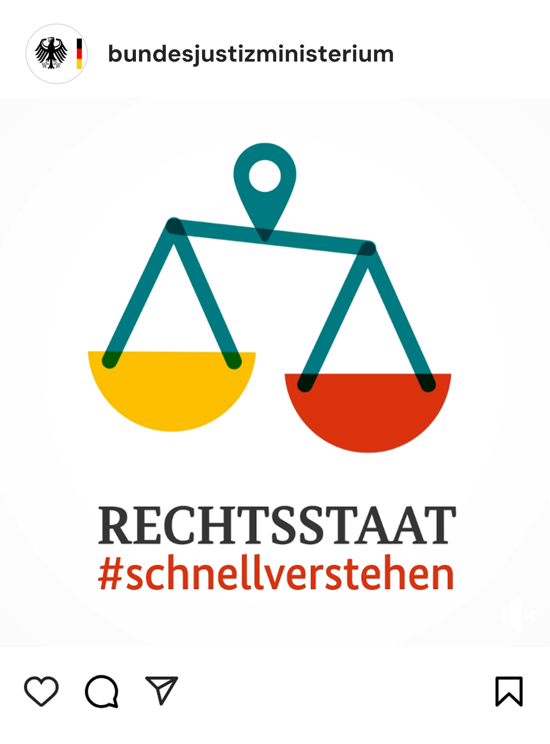 Instagram-Post mit Illustration eines Hammers und eines Gesetzbuchs. Schriftzug "Rechtsstaat #schnellverstehen.