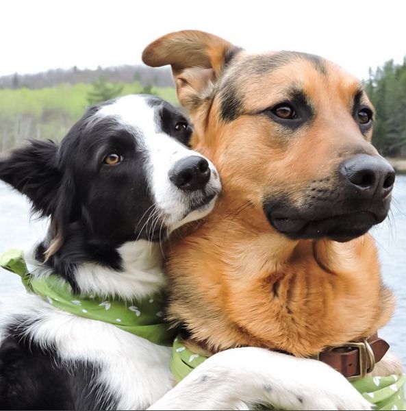 two dogs hugging
