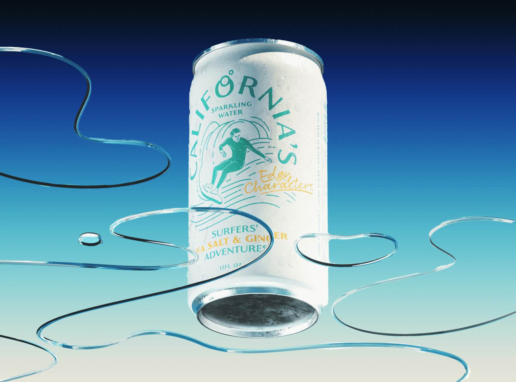 White can of soda with an illustration of a surfer