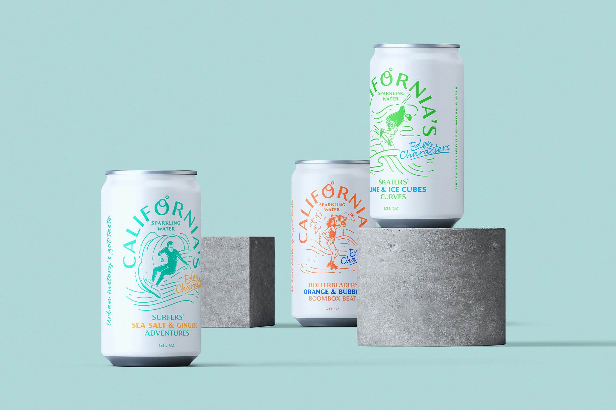 thee cans on teal background