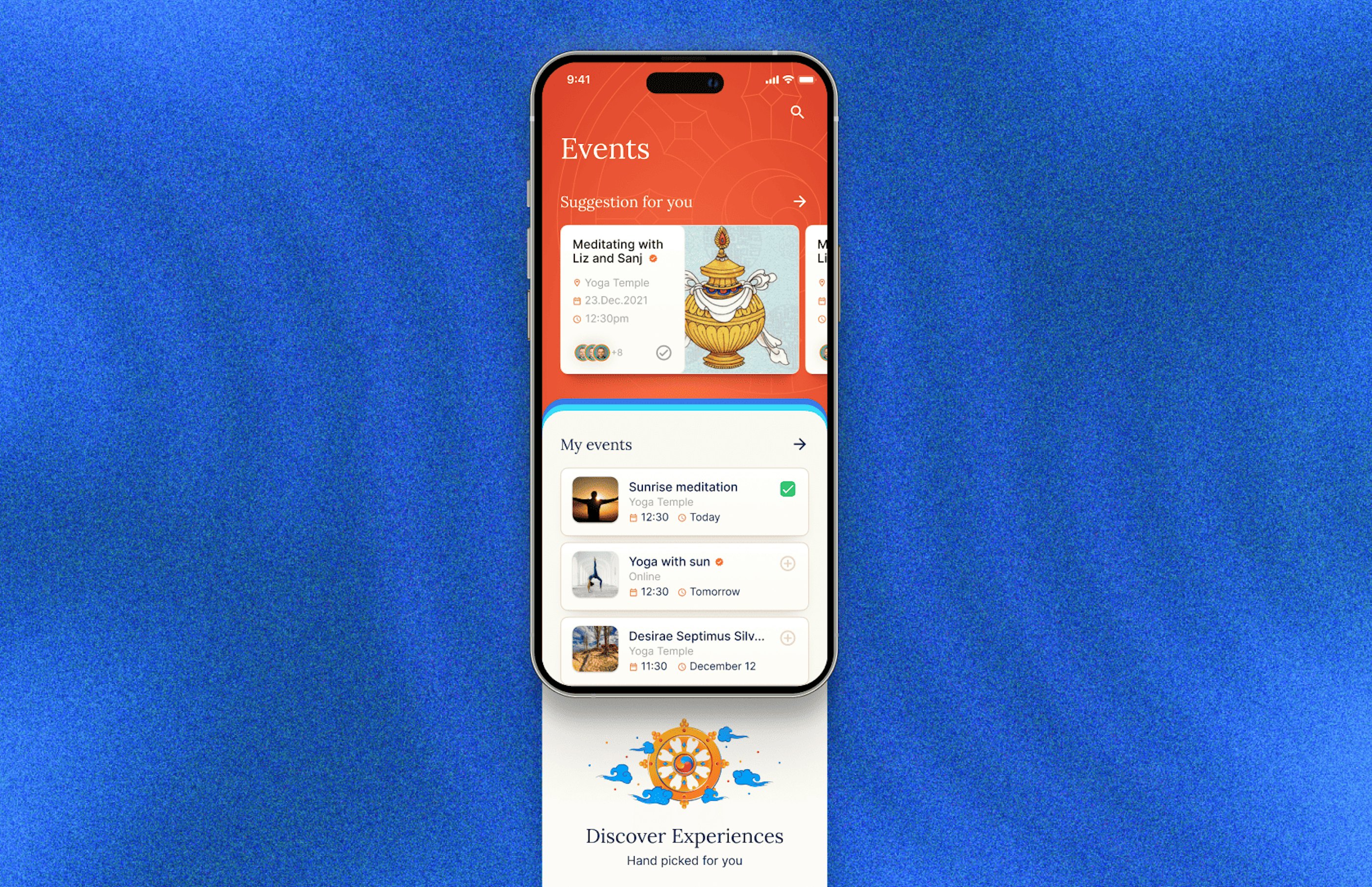 Events section on a mockup, blue background