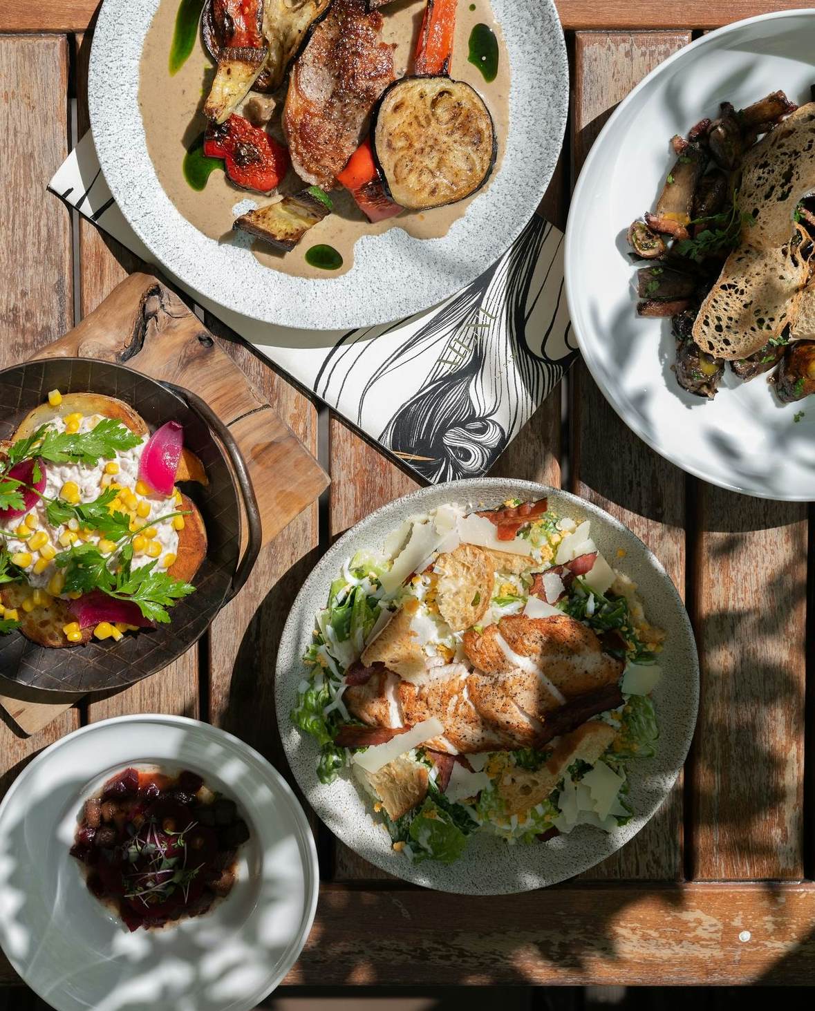 food and menu on a table