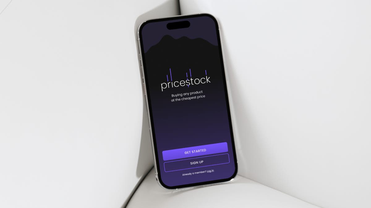 pricestock screen in a phone on a couch