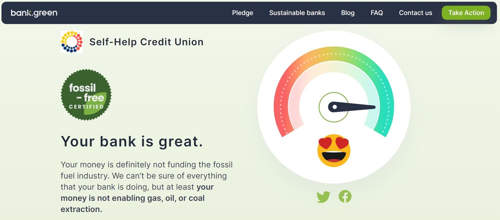 Screenshot of bank.green website rating aan FFA member "great"