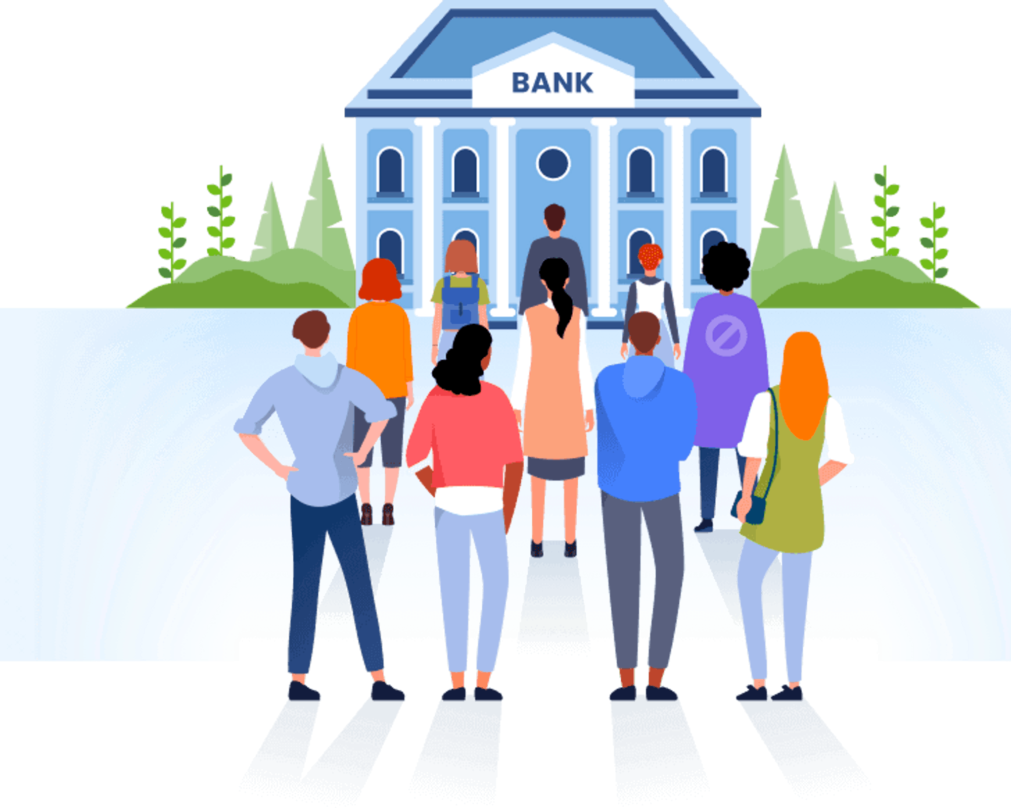 Graphic of people in front of bank