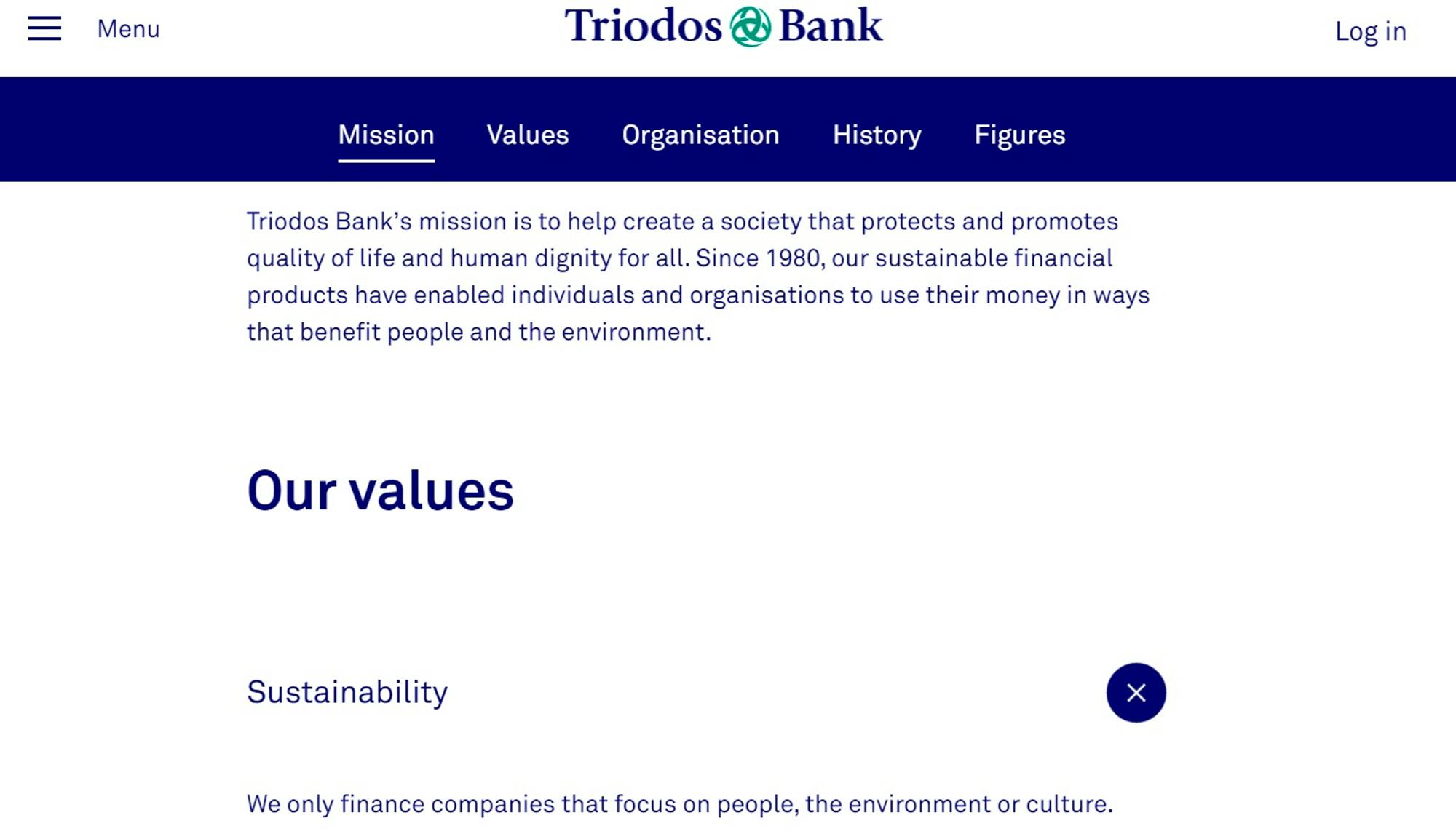Screenshot of Triodos's website about their "Mission"