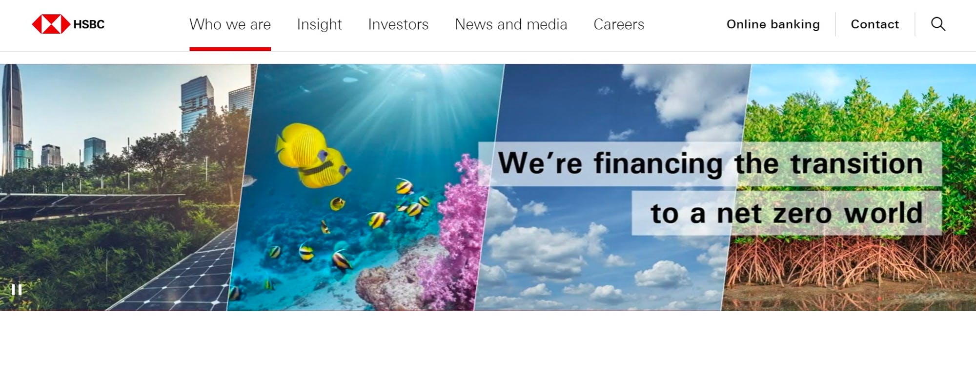 Screenshot of HSBC Website reading "We're financing the transition to a net zero world"